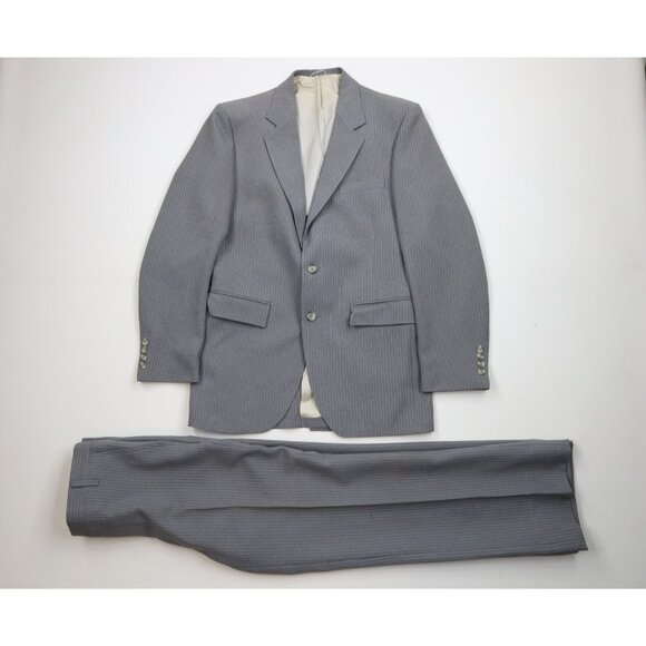 Vtg 70s Streetwear Mens 39R 2 Piece Knit Suit Wedding Gray Pinstripe 30x30 USA